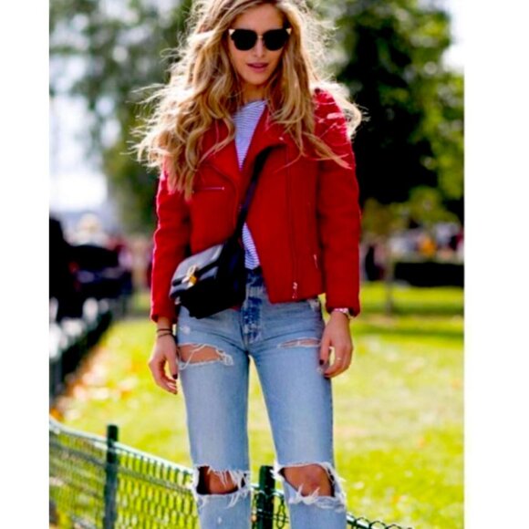 ANINE BING Red Moto Jacket Women's Size M Zip Front Biker Coat - Picture 9 of 9